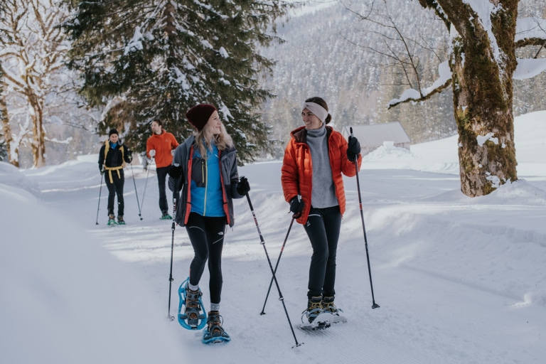 w109_klein 2 Pärchen gehen gemeinsam Schneeschuhwandern